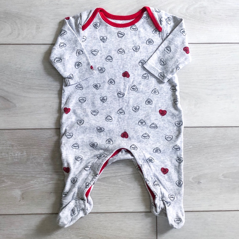 Footie outfit with Conversation Hearts
